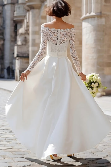 Elegant A-Line Ivory High-Low Wedding Dress With Lace Long Sleeves